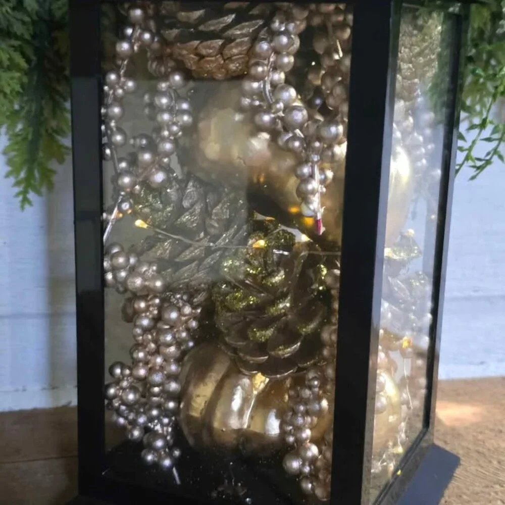 Light Up Gold Champagne Pumkin Berry Pinecone Fall Harvest Black Plastic Lantern
